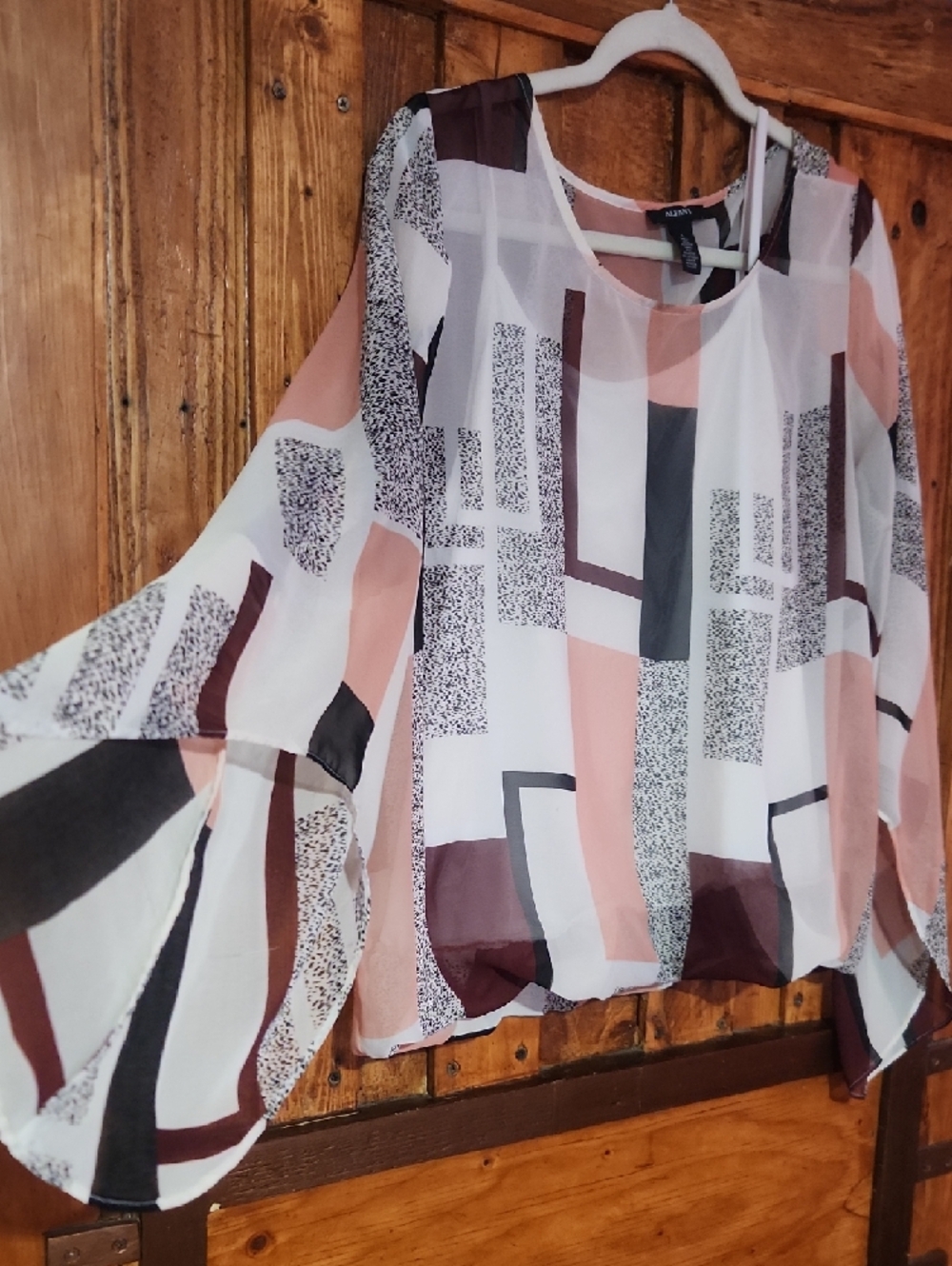 Alfani Geometric Sheer Blouse in Blush, White & Brown - Picture 3 of 6